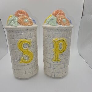 Vintage Style Ceramic Basketweave Salt and Pepper Shakers Fruit Floral Speckled